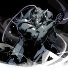  1boy alphonse_elric armor black_background clenched_hand cofffee full_armor fullmetal_alchemist hand_up living_armor looking_at_viewer male_focus open_hand shoulder_spikes simple_background solo spikes 