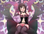  1girl ;d arm_support bare_shoulders black_choker black_gloves black_hair black_thighhighs blush choker commentary_request demon_wings elbow_gloves feet_out_of_frame flat_chest frilled_thighhighs frills garter_belt gloves hand_up head_tilt head_wings jampen kono_subarashii_sekai_ni_shukufuku_wo! looking_at_viewer megumin navel o-ring one_eye_closed open_mouth panties pink_panties pink_wings red_eyes sidelocks sitting smile solo teeth thighhighs underwear upper_teeth_only wings 