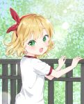  1girl blonde_hair blush green_eyes gym_uniform hairband hand_on_railing highres idolmaster idolmaster_cinderella_girls idolmaster_cinderella_girls_u149 looking_at_viewer looking_back mearian outdoors railing red_hairband sakurai_momoka smile solo twitter_username upper_body 