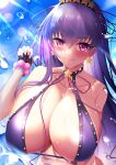  1girl bb_(fate) bb_(fate/extra) bikini black_choker black_gloves blue_sky breasts choker cleavage fate/grand_order fate_(series) fingerless_gloves gloves highres large_breasts lee-taro light_rays light_smile long_hair looking_at_viewer marine_day purple_bikini purple_eyes purple_hair sky solo sunlight swimsuit 