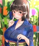  1girl alternate_costume bamboo blue_kimono blush breasts brown_eyes brown_hair cleavage collarbone commentary_request finger_to_mouth furaggu_(frag_0416) highres holding_tanzaku japanese_clothes kantai_collection kimono large_breasts long_hair looking_at_viewer myoukou_(kancolle) paper_chain print_kimono sash smile solo tanabata tanzaku upper_body wide_sleeves yukata 