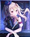  1girl aoitenziku balcony blonde_hair commentary gloves hair_flowing_over hat highres light_smile live_with_memories_(project_sekai) looking_to_the_side night official_alternate_costume project_sekai red_eyes smile solo star_(sky) star_(symbol) tenma_saki white_gloves 