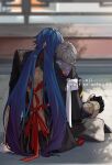  2boys artist_name bandaged_arm bandaged_hand bandages black_gloves black_jacket blade_(honkai:_star_rail) blue_hair blurry blurry_background caelus_(honkai:_star_rail) chinese_clothes commentary_request dark_blue_hair facing_away fingerless_gloves from_behind gloves gradient_hair grey_hair grey_pants highres holding_hands honkai:_star_rail honkai_(series) jacket long_hair long_sleeves male_focus multicolored_hair multiple_boys on_ground outdoors pants red_ribbon ribbon sato_nji shade short_hair sitting sleeve_cuffs stone_floor trailblazer_(honkai:_star_rail) twitter_username very_long_hair watermark yaoi 