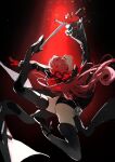  1girl binxngchng1 black_jacket black_leotard black_ribbon black_thighhighs closed_eyes full_body gloves hair_ribbon highres holding holding_sword holding_weapon jacket leotard long_hair long_sleeves persona persona_5 persona_5_the_royal ponytail red_gloves red_hair ribbon solo sword thighhighs weapon yoshizawa_kasumi 