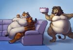  2018 anthro belly_overhang big_breasts blue_eyes breasts brown_body brown_fur cake cheek_tuft chubby_cheeks dessert digital_drawing_(artwork) digital_media_(artwork) duo excited facial_tuft fangs fat_rolls felid female feral fluffy food fur furniture green_eyes huge_belly inside lion looking_at_another looking_at_partner looking_back love_handles male male/female mammal mane melody_(tawnyscrawnyleo) moobs morbidly_obese morbidly_obese_anthro morbidly_obese_feral morbidly_obese_male navel neck_tuft nude obese obese_anthro obese_feral obese_male open_mouth open_smile orange_body orange_fur overweight overweight_anthro overweight_feral overweight_male pantherine paws simple_background sitting smile sofa standing stripes sugarboy tail tail_tuft tawnyscrawnyleo teeth tiger tuft white_body white_fur 