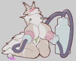  5:4 absurd_res anthro areola big_breasts big_nipples blush bodily_fluids breast_milking breasts dibujosv12 female generation_7_pokemon hi_res huge_breasts kneeling lactating lycanroc machine milking_machine nintendo nipples pink_areola pink_nipples pokemon pokemon_(species) potion simple_background solo 