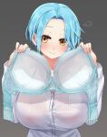  1girl artist_name blue_bra blue_hair bra bra_removed bra_visible_through_clothes breast_pocket breasts collared_shirt dress_shirt festa11307070 hand_up hands_on_own_chest holding holding_bra holding_clothes holding_underwear huge_breasts long_sleeves moira_(nijisanji) mole mole_under_mouth nijisanji pocket presenting_bra shirt short_hair simple_background solo underwear upper_body white_shirt yellow_eyes 