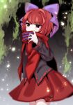  1girl black_nails black_shirt blue_bow bow cape cowboy_shot fingernails hair_bow highres long_fingernails long_sleeves nail_polish red_cape red_eyes red_hair red_skirt sekibanki shirt short_hair skirt solo touhou yuka_yukiusa 