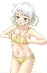  1girl blue_eyes bra breast_conscious breasts breasts_squeezed_together collarbone cowboy_shot kantai_collection natsugumo_(kancolle) one-hour_drawing_challenge panties ray.s short_hair simple_background small_breasts solo standing underwear white_background white_hair yellow_bra yellow_panties 