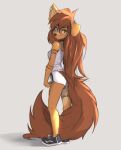  absurd_res anthro apogee_(tinygaypirate) arm_tattoo big_tail bike_shorts bottomwear bridge_piercing brown_body brown_eyes brown_fur brown_hair butt_pose button_ears canid canine canis choker clothed clothing countershade_legs countershade_thighs countershading domestic_dog ear_piercing emotionless eyebrow_through_hair eyebrows eyelashes facial_piercing female floppy_ears fluffy fluffy_tail footwear full-length_portrait fur furgonomics grey_background hair hi_res inner_ear_fluff jewelry leg_tattoo long_hair looking_at_viewer looking_back looking_back_at_viewer mammal mottled mottled_nose necklace nose_piercing one_ear_up piercing portrait pose shirt shoelaces shoes shorts simple_background slim sneakers solo standing tail tan_body tan_countershading tan_inner_ear tan_inner_ear_fluff tank_top tattoo tight_bottomwear tight_clothing tight_shorts tinygaypirate topwear translucent translucent_hair tuft white_clothing workout_clothing 