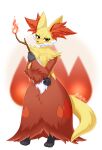  absurd_res anthro delphox feet female fire fluffy_hinu fur generation_6_pokemon hi_res holding_object inner_ear_fluff looking_at_viewer multicolored_body multicolored_fur nintendo pokemon pokemon_(species) red_body red_eyes red_fur solo tail tuft white_body white_fur yellow_body yellow_fur yellow_tail 