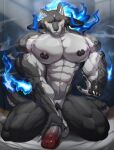  2023 abs anthro balls barbell_piercing big_pecs canid canine canis erection genitals glans hi_res horn humanoid_genitalia humanoid_penis kneeling magangz magic male mammal muscular muscular_male nude pecs penis piercing solo vein wolf 