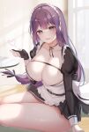  1girl absurdres aeri_(closers) apron blush breasts cleavage closers collarbone heart highres indoors large_breasts long_hair long_sleeves looking_at_viewer maid_headdress open_mouth purple_hair sitting smile solo thighs usagi_poi white_apron 