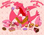 alternate_color cake character_name claws commentary doughnut eating fangs fangs_out food garchomp gible happy_valentine heart holding holding_food looking_down no_humans open_mouth pokemon pokemon_(creature) sharp_teeth teeth yajuuraku 