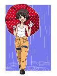  1girl :d black_footwear blue_background brown_eyes brown_hair clothes_around_waist commentary girls_und_panzer gloves holding holding_umbrella jumpsuit looking_at_viewer mechanic nakajima_(girls_und_panzer) open_mouth orange_jumpsuit outline rain red_umbrella shoes short_hair smile solo standing takahashi_kurage tank_top textless_version umbrella uniform waving white_gloves white_outline white_tank_top 