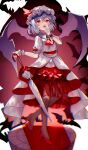  1girl ascot bat_wings blue_hair dress fang highres holding holding_umbrella looking_at_viewer open_mouth red_ascot red_eyes red_footwear remilia_scarlet sakizaki_saki-p shoes skin_fang solo touhou umbrella white_dress wings wrist_cuffs 