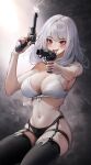  1girl :d absurdres bare_arms bare_shoulders black_panties black_thighhighs bra breasts cleavage commentary_request dual_wielding grey_background gun highres holding holding_gun holding_weapon large_breasts long_hair looking_at_viewer navel open_mouth original panties red_eyes revolver sitting smile solo stomach thigh_strap thighhighs thighs underwear uth_95 weapon white_bra white_hair 