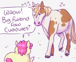  alpama ambiguous_gender baby_talk dialogue duo english_text equid equine feral fluffy_pony fluffy_pony_(species) fur hair hi_res horse mammal pink_hair simple_background speech_bubble text white_background yellow_body yellow_fur 
