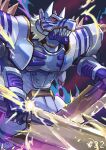  1other absurdres ancientgarurumon armor cwdw digimon digimon_(creature) dual_wielding highres holding holding_sword holding_weapon no_humans numbered red_eyes sharp_teeth solo sword teeth watermark weapon wolf 