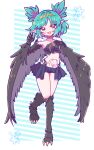  1girl bird_legs black_feathers black_wings blush breasts claws commission fang feathers green_hair harpy heart heart_tattoo highres indie_virtual_youtuber lincoro monster_girl navel open_mouth pointy_ears red_eyes short_hair short_twintails skeb_commission small_breasts solo standing standing_on_one_leg stomach_tattoo talons tattoo tiara twintails virie virtual_youtuber winged_arms wings 