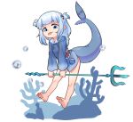  1girl :p air_bubble animal_costume barefoot blue_eyes blue_hair blue_hoodie blunt_bangs bubble chinese_commentary commentary_request drawstring feet fins fish_tail full_body gawr_gura gawr_gura_(1st_costume) grey_hair hair_ornament highres holding holding_polearm holding_trident holding_weapon hololive hololive_english hood hoodie long_sleeves looking_at_viewer medium_hair multicolored_hair nanachides no_pants polearm shark_costume shark_girl shark_hair_ornament shark_print shark_tail sidelocks simple_background soles solo streaked_hair tail tail_raised toes tongue tongue_out trident two_side_up virtual_youtuber weapon white_background white_hood 
