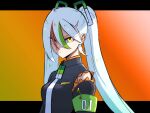  1girl armband breasts closed_mouth eyeliner eyeshadow fighting_miku_(project_voltage) green_armband hair_between_eyes hatsune_miku highres light_green_hair long_hair makeup manbo_religion medium_breasts multicolored_eyes multicolored_hair necktie orange_eyeliner orange_eyes orange_eyeshadow orange_hair paperclip pokemon project_voltage solo streaked_hair twintails upper_body vocaloid white_hair white_necktie yellow_eyes 