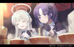  2girls absurdres black_gloves blue_archive blue_necktie chopsticks closed_eyes collared_shirt cup food gloves grey_hair halo highres holding holding_chopsticks long_hair long_sleeves mechanical_halo multiple_girls necktie noa_(blue_archive) noodles open_mouth purple_eyes purple_hair ramen shirt smile ttt_(xtttx) twitter_username two_side_up white_shirt yuuka_(blue_archive) 