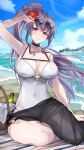  1girl alternate_costume basket beach bottle breasts choker commission commissioner_upload fire_emblem fire_emblem:_genealogy_of_the_holy_war flower hair_flower hair_ornament highres ishtar_(fire_emblem) large_breasts one-piece_swimsuit purple_eyes purple_hair sarong skeb_commission sunglasses swimsuit tobio_illust water white_one-piece_swimsuit 