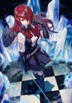  1girl black_cape black_dress black_footwear black_gloves breasts cape checkered_floor dress gloves hair_over_one_eye holding holding_sword holding_weapon ice kirijou_mitsuru long_hair medium_breasts online_neet persona persona_3 persona_3_reload rapier red_eyes red_hair school_uniform solo standing sword weapon 