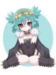 1girl bird_legs blue_hair blush commentary_request commission feathered_wings feathers harpy homumaru indie_virtual_youtuber lincoro long_hair looking_at_viewer monster_girl pointy_ears red_eyes skeb_commission solo talons tiara virtual_youtuber wings 