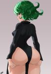  1girl absurdres arms_behind_back ass ass_focus ass_grab black_dress blush breasts commentary covered_nipples curly_hair dress english_commentary from_behind grabbing_own_ass green_eyes green_hair grey_background hammerofsolace highres long_sleeves looking_at_viewer one-punch_man parted_lips puffy_nipples short_hair signature simple_background small_breasts solo tatsumaki thighs 