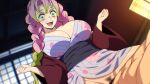  1boy 1girl bajima_shouhei black_sash blurry blurry_background braid breasts cleavage collarbone dutch_angle female_pubic_hair floral_print gradient_hair green_eyes green_hair hair_between_eyes highres indoors japanese_clothes kanroji_mitsuri kimetsu_no_yaiba kimono long_hair mole mole_under_eye multicolored_hair off_shoulder open_mouth pink_hair print_kimono pubic_hair purple_kimono sash wide_sleeves yukata 