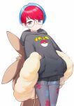  1girl absurdres backpack bag black_shorts blue_hair brown_bag closed_mouth commentary_request glasses grey_eyes grey_pantyhose highres hood hood_down hoodie multicolored_hair pantyhose penny_(pokemon) poke_ball_print pokemon pokemon_sv red_hair round_eyewear see-through see-through_skirt short_hair shorts simple_background skirt solo two-tone_hair white_background wo_chi_xiangjiao_pi 
