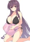  1girl ball bare_arms bare_legs bare_shoulders beachball bikini black_bikini breasts highres holding holding_ball kneeling large_breasts long_hair murasaki_(senran_kagura) perapera purple_eyes purple_hair senran_kagura senran_kagura_shoujo-tachi_no_shin&#039;ei smile swimsuit white_background 