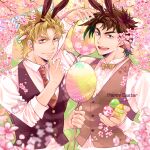  2boys animal_ears battle_tendency blonde_hair bow bowtie brown_hair brown_sweater_vest caesar_anthonio_zeppeli cherry_blossoms easter easter_egg egg facial_mark feather_hair_ornament feathers fingerless_gloves flower gloves green_eyes hair_ornament happy_easter headband highres jojo_no_kimyou_na_bouken joseph_joestar joseph_joestar_(young) male_focus mikan03260 multiple_boys necktie rabbit_ears sweater_vest triangle_print vest 