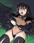  1girl absurdres angel angel_wings armor belt bikini black_armor black_belt black_bikini black_choker black_gloves black_hair black_thighhighs black_wings breasts choker cleavage commentary_request dated elbow_gloves fallen_angel feathered_wings gloves hair_between_eyes high_school_dxd highres kouma_bonmaid large_breasts long_hair looking_to_the_side open_mouth pink_eyes raynare revealing_clothes shoulder_armor solo swimsuit thighhighs thighs wings 
