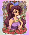  1990s_(style) 1girl bare_shoulders brown_hair dress flower greek_clothes hercules_(1997_film) highres holding holding_flower long_hair megara_(disney) mroczniak_(gloomy_chuu) parted_lips ponytail purple_dress purple_eyes red_flower red_rose retro_artstyle rose smile white_flower 