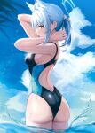  1girl absurdres animal_ears ass back_cutout blue_archive blush breasts clothing_cutout commentary competition_swimsuit earrings extra_ears grey_hair halo highres jewelry looking_at_viewer looking_back median_furrow medium_breasts mouth_hold nao_(okt8538) one-piece_swimsuit ponytail rubber_band shiroko_(blue_archive) shiroko_(swimsuit)_(blue_archive) sideways_glance solo stud_earrings swimsuit tying_hair wading wolf_ears 