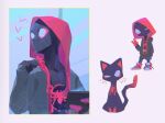  1boy animal_print black_coat black_hoodie cat coat commentary_request hood hoodie long_sleeves male_focus marvel miles_morales mohumohu_owl one_eye_closed solo spider-man:_across_the_spider-verse spider-man_(miles_morales) spider-man_(series) spider-verse spider_print superhero v 