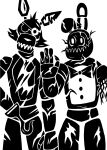  2014 4_fingers amputee animatronic anthro biped black_and_white bow_tie button_(fastener) canid canine digital_drawing_(artwork) digital_media_(artwork) disability duo eye_patch eyewear fingers five_nights_at_freddy&#039;s five_nights_at_freddy&#039;s_2 fox hi_res hook hook_hand lagomorph leporid looking_at_viewer machine male mammal monochrome notched_ear rabbit rabbit_ears raised_hand restricted_palette robot robot_gore scottgames sharp_teeth silhouette simple_background standing sunnyclockwork teeth torn_bow_tie white_background wire withered_bonnie_(fnaf) withered_foxy_(fnaf) 