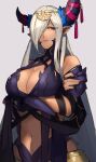  1girl arms_under_breasts asymmetrical_horns bare_shoulders breasts cleavage cowboy_shot crossed_arms dragon_girl fire_emblem fire_emblem_engage grey_background grey_horns hair_ornament hair_over_one_eye highres horns large_breasts long_hair mature_female pointy_ears purple_eyes purple_ribbon revealing_clothes ribbon seinikuten solo tan tassel tassel_hair_ornament zephia_(fire_emblem) 