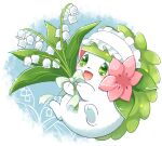  :d aimi_(aimia492) artist_name blue_background blush bouquet bow commentary_request flower frilled_hairband frills full_body green_bow green_eyes hairband holding holding_bouquet looking_at_viewer no_humans open_mouth pink_flower plant pokemon pokemon_(creature) shaymin shaymin_(land) simple_background smile solo twitter_username two-tone_background white_background white_flower white_hairband 