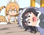  2girls animal_ears black_hair blonde_hair bow bowtie brown_eyes common_raccoon_(kemono_friends) elbow_gloves extra_ears fang gloves grey_hair kemono_friends multicolored_hair multiple_girls open_mouth photo-referenced print_bow print_bowtie raccoon_ears raccoon_tail serval_(kemono_friends) serval_print shirt short_hair skirt sleeveless sleeveless_shirt smile tail thighhighs umikaze_shuu white_hair 