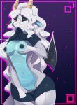  absurd_res anthro aurelia_kass breasts clothed clothing digital_media_(artwork) dragon female genitals hair hi_res looking_at_viewer nipples one_eye_closed pussy simple_background smile solo tuesday_after_dark wink winking_at_viewer 