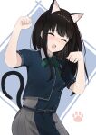  1girl absurdres akaneiro_(akane_color35) animal_ears belt black_hair black_tail blue_background blue_belt blue_jacket blush cat_ears cat_tail closed_eyes commentary cowboy_shot embarrassed facing_viewer green_ribbon hands_up highres inoue_takina jacket long_hair lycoris_recoil lycoris_uniform neck_ribbon nose_blush open_mouth paw_pose paw_print ribbon short_sleeves sidelocks simple_background solo standing tail two-tone_background white_background 