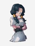  1girl :o black_hair blue_eyes breasts dragon_ball dragon_ball_z fingerless_gloves gloves grey_background kemachiku long_shirt shirt short_sleeves simple_background solo twintails upper_body videl white_shirt 