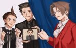  3boys ace_attorney alternate_costume apollo_justice ascot black_hair black_necktie black_ribbon black_shirt blush clenched_hands collared_shirt curtains grey_eyes grey_hair grey_jacket hands_up holding holding_tablet_pc jacket long_sleeves looking_at_another looking_at_viewer male_focus miles_edgeworth multiple_boys neck_ribbon necktie nervous open_mouth phoenix_wright red_jacket renshu_usodayo ribbon shirt short_hair smile spiked_hair sweatdrop tablet_pc upper_body v-shaped_eyebrows white_shirt 