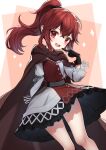  1girl :d absurdres anna_(fire_emblem) black_gloves commentary_request dress feet_out_of_frame fire_emblem fire_emblem_engage gloves hako_momiji highres long_hair long_sleeves looking_at_viewer open_mouth ponytail red_dress red_eyes red_hair smile solo thighs two-tone_dress white_dress 