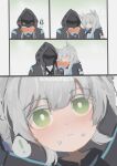  ! 1girl 1other absurdres animal_ear_fluff animal_ears arknights blush cat_ears closed_eyes closed_mouth crepe doctor_(arknights) ear_wiggle eating food food_on_face green_eyes grey_hair highres holding holding_food hood long_hair looking_at_viewer pov rosmontis_(arknights) speech_bubble spoken_exclamation_mark wawamachi_(wawamachis) 
