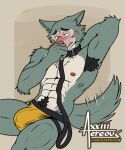  5_fingers abs abstract_background aereous anthro armpit_hair beastars belt_collar black_eyes blush blush_lines body_hair bulge canid canine canis clothed clothing collar collar_only digital_drawing_(artwork) digital_media_(artwork) digital_painting_(artwork) fingers fur grey_body grey_fur hi_res leg_muscles legoshi_(beastars) looking_pleasured male mammal multicolored_body multicolored_fur muscular muscular_anthro muscular_legs muscular_male nipples nude pecs pink_nipples pubes sitting smile solo tail tail_motion two_tone_body two_tone_fur underwear underwear_only wolf yellow_clothing yellow_underwear 